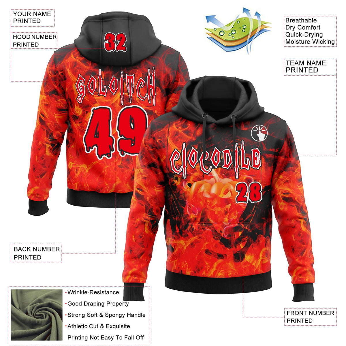 Custom Black Fire Red-White Halloween Flaming Pumpkins Pullover Sweatshirt Hoodie