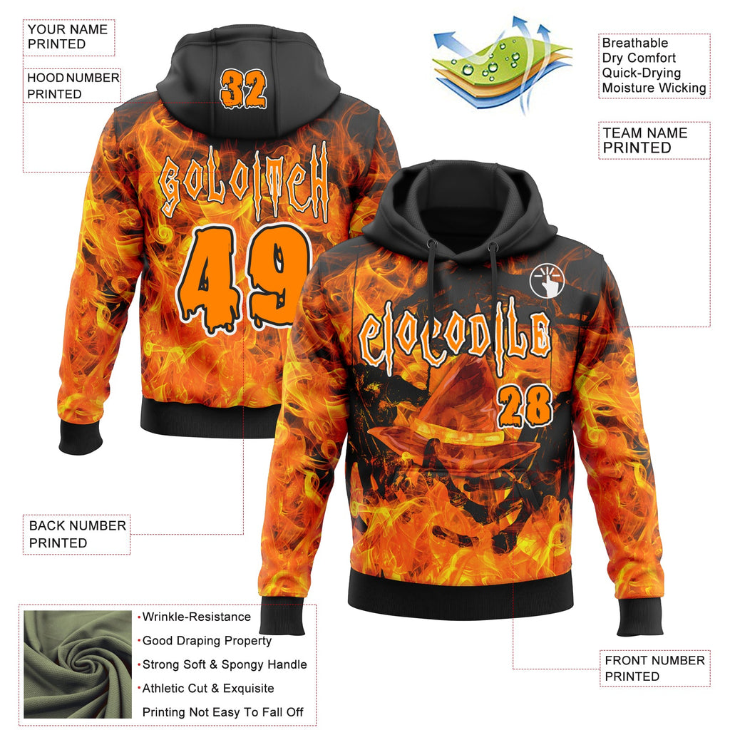 Custom Black Bay Orange-White Halloween Flaming Pumpkins Pullover Sweatshirt Hoodie