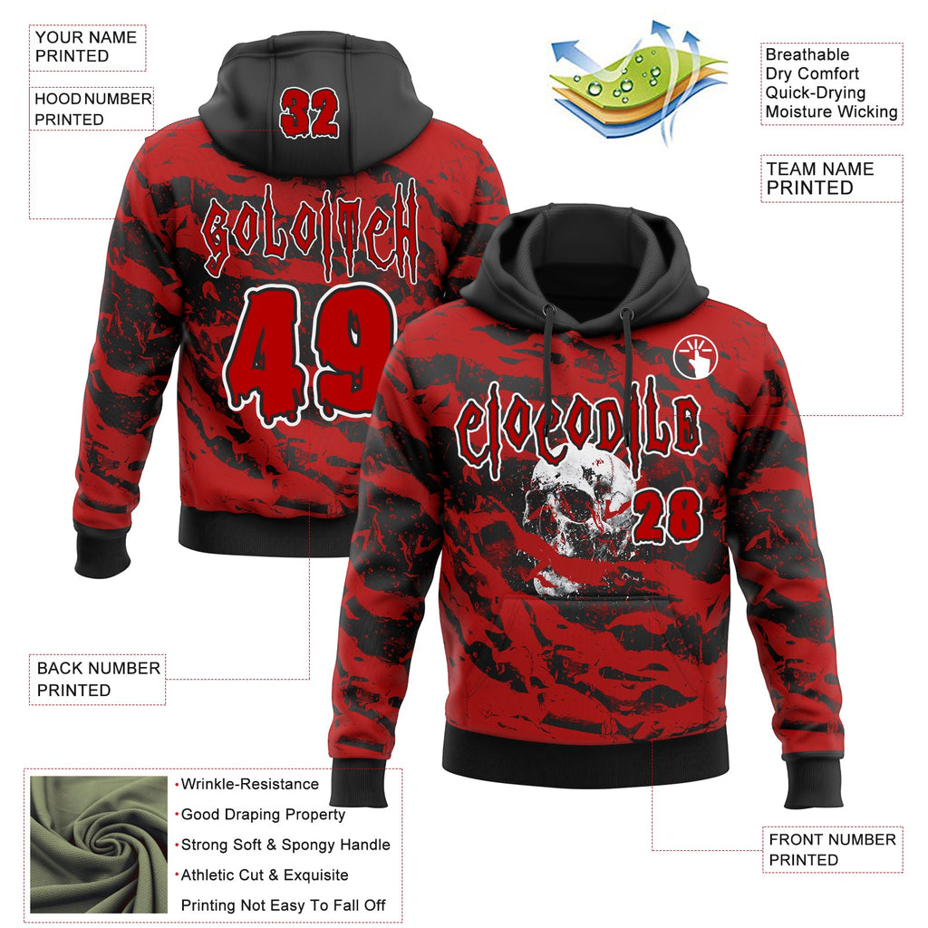 Custom Black Red-White Spooky Halloween Skull Splatter Pullover Sweatshirt Hoodie
