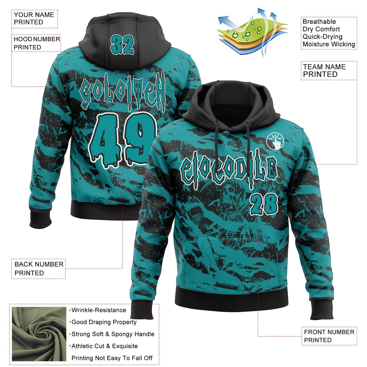 Custom Black Teal-White Spooky Halloween Skull Splatter Pullover Sweatshirt Hoodie
