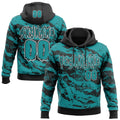 Custom Black Teal-White Spooky Halloween Skull Splatter Pullover Sweatshirt Hoodie