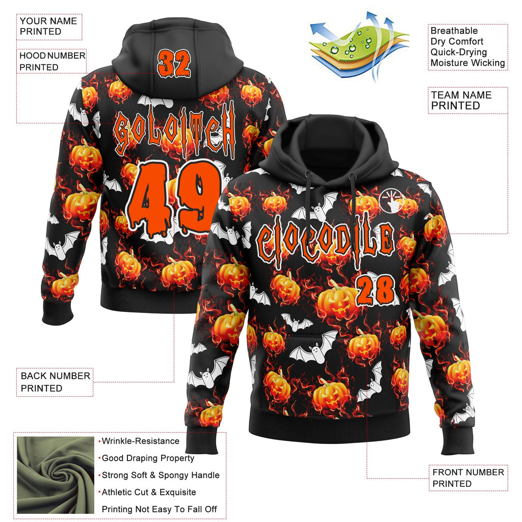 Custom Black Orange-White Halloween Flaming Pumpkins Pullover Sweatshirt Hoodie