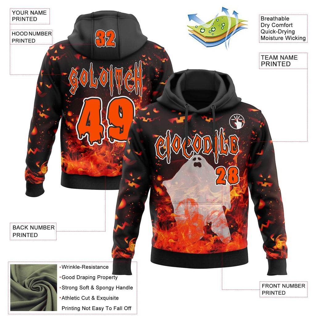 Custom Black Orange-White Halloween Flaming Pumpkins And Ghost Pullover Sweatshirt Hoodie