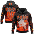 Custom Black Orange-White Halloween Flaming Pumpkins And Ghost Pullover Sweatshirt Hoodie