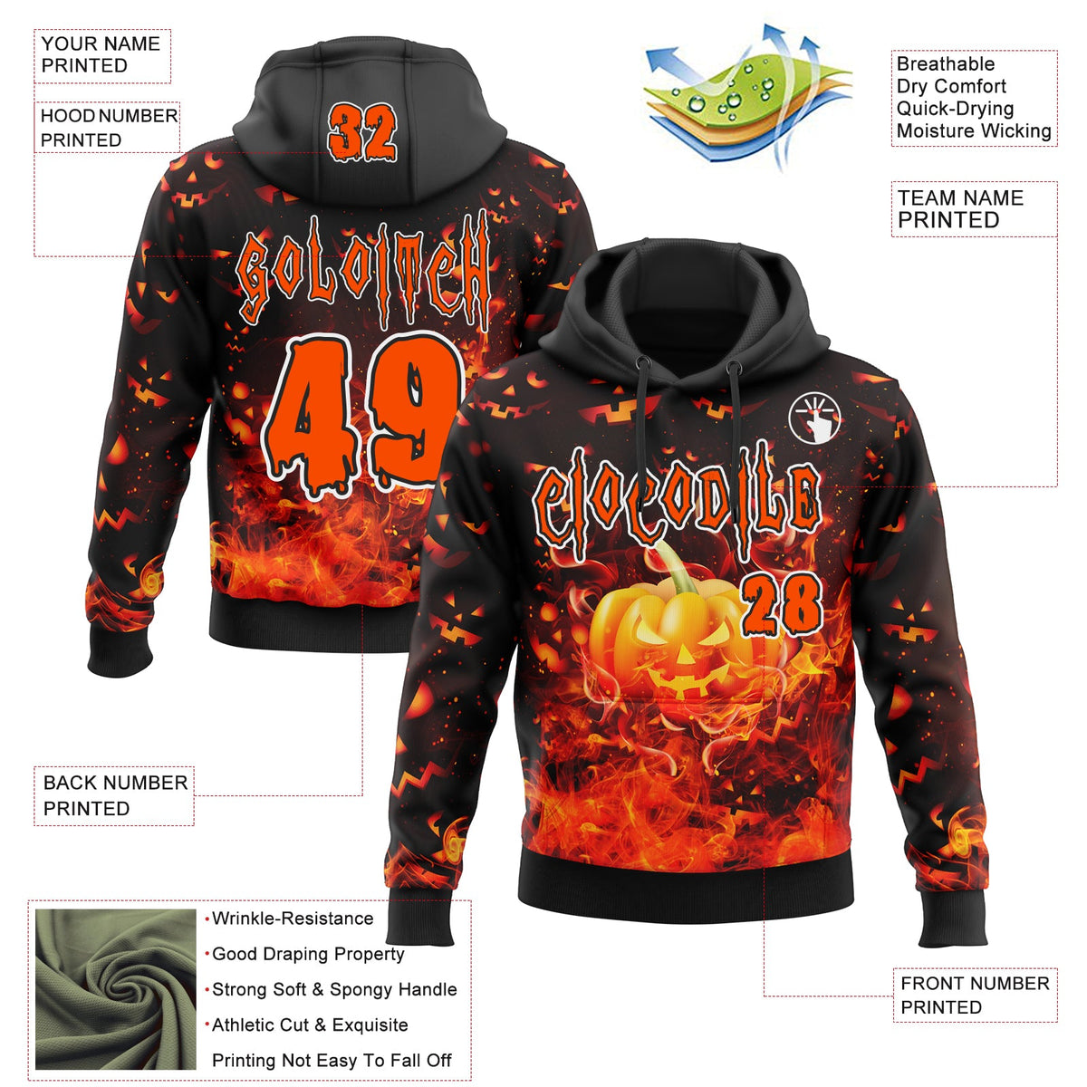 Custom Black Orange-White Halloween Flaming Pumpkins Pullover Sweatshirt Hoodie