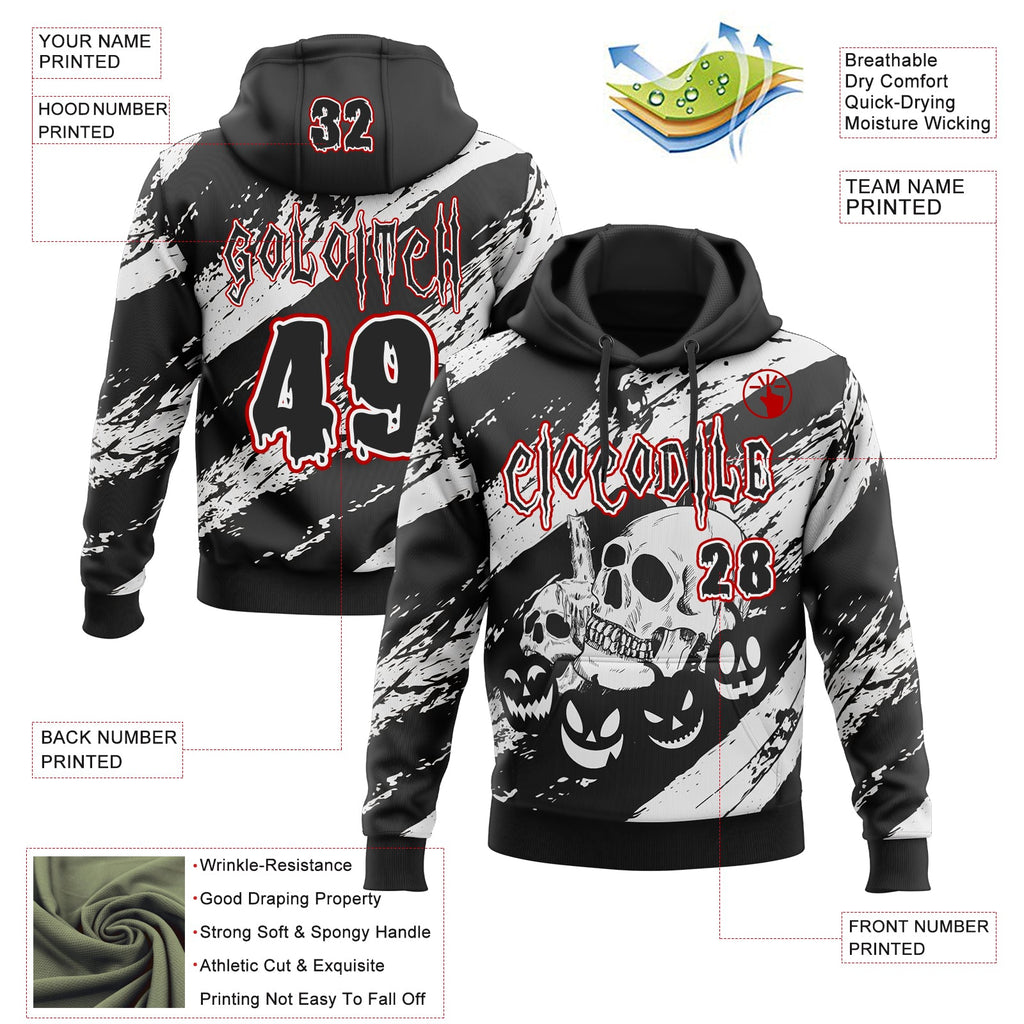Custom Black White-Red Spooky Halloween Pumpkins And Skull Splatter Pullover Sweatshirt Hoodie