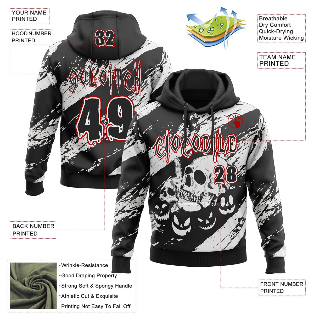 Custom Black White-Red Spooky Halloween Pumpkins And Skull Splatter Pullover Sweatshirt Hoodie