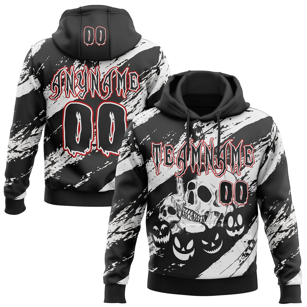 Custom Black White-Red Spooky Halloween Pumpkins And Skull Splatter Pullover Sweatshirt Hoodie