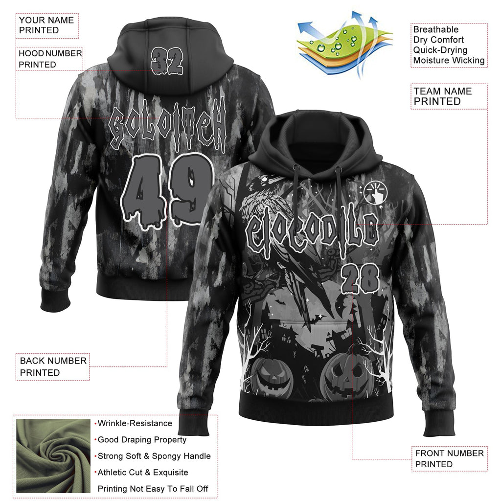 Custom Black Steel Gray-White Spooky Halloween Pumpkins And Raven Pullover Sweatshirt Hoodie