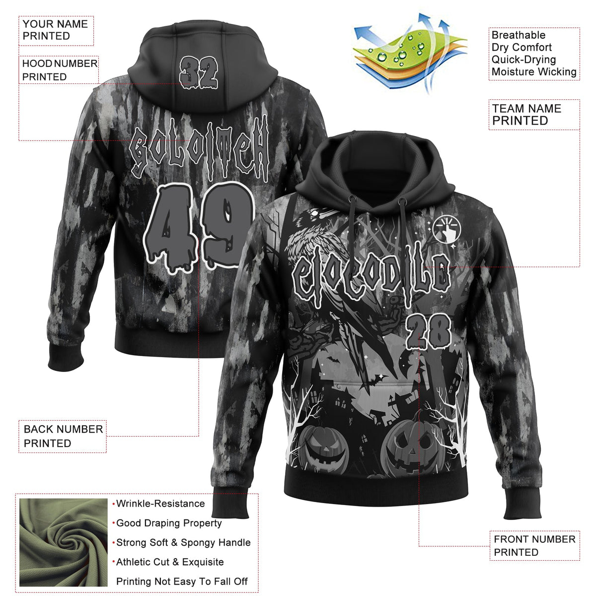 Custom Black Steel Gray-White Spooky Halloween Pumpkins And Raven Pullover Sweatshirt Hoodie
