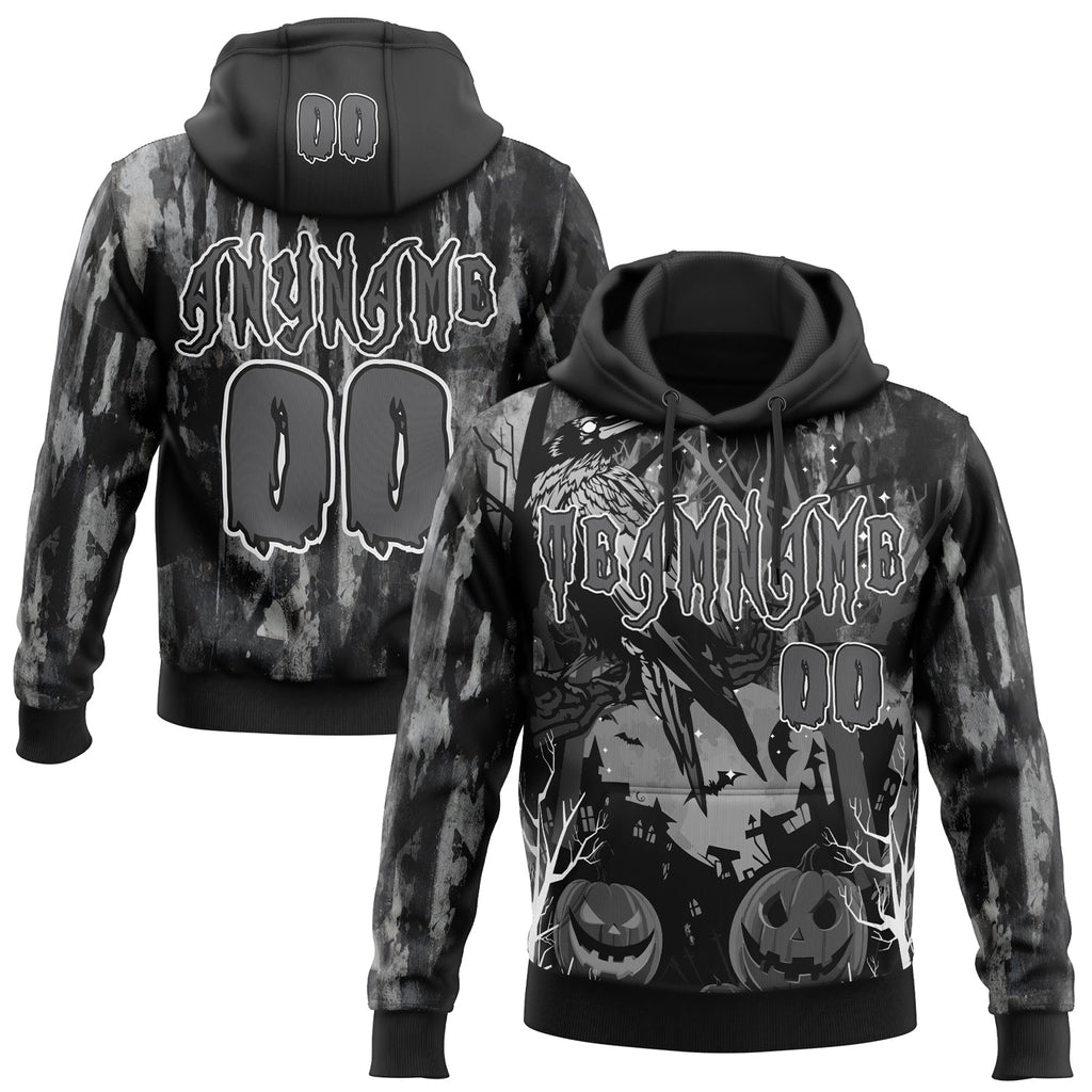 Custom Black Steel Gray-White Spooky Halloween Pumpkins And Raven Pullover Sweatshirt Hoodie