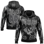 Custom Black Steel Gray-White Spooky Halloween Pumpkins And Raven Pullover Sweatshirt Hoodie
