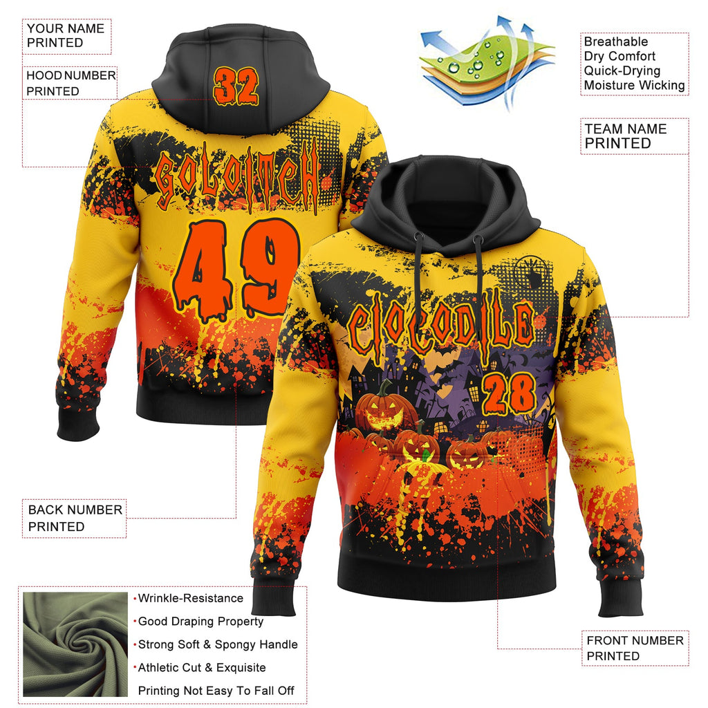 Custom Black Orange-Yellow Spooky Halloween Pumpkins Splatter Pullover Sweatshirt Hoodie