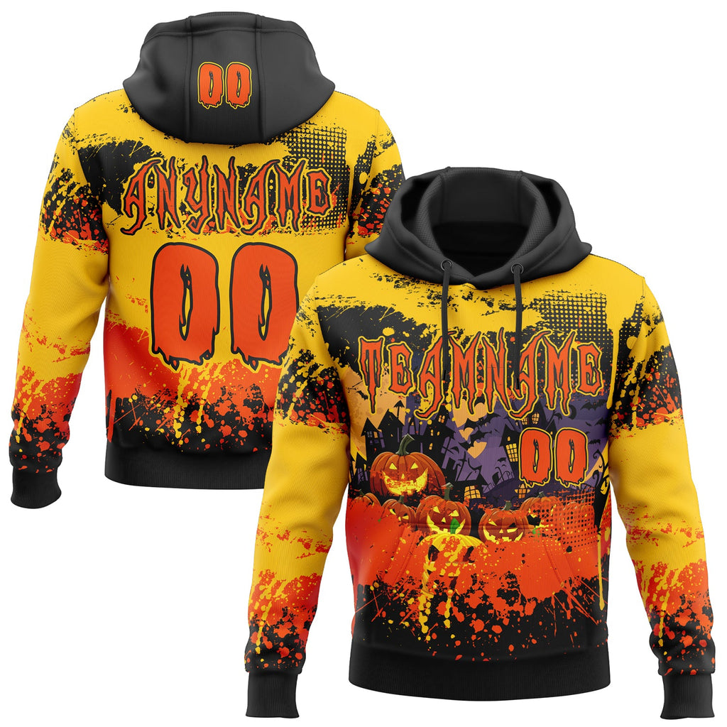 Custom Black Orange-Yellow Spooky Halloween Pumpkins Splatter Pullover Sweatshirt Hoodie
