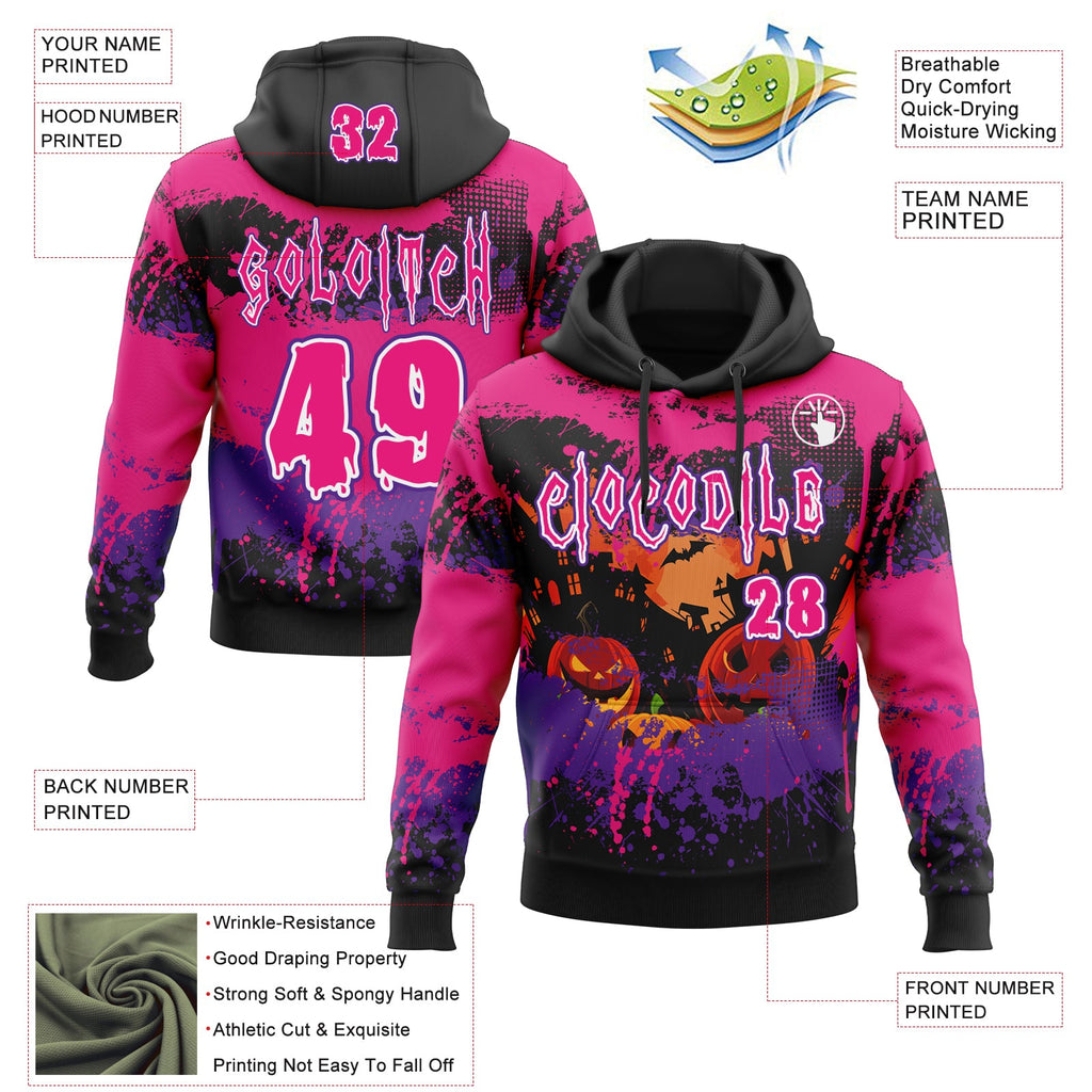 Custom Black Hot Pink Purple-White Spooky Halloween Pumpkins Splatter Pullover Sweatshirt Hoodie