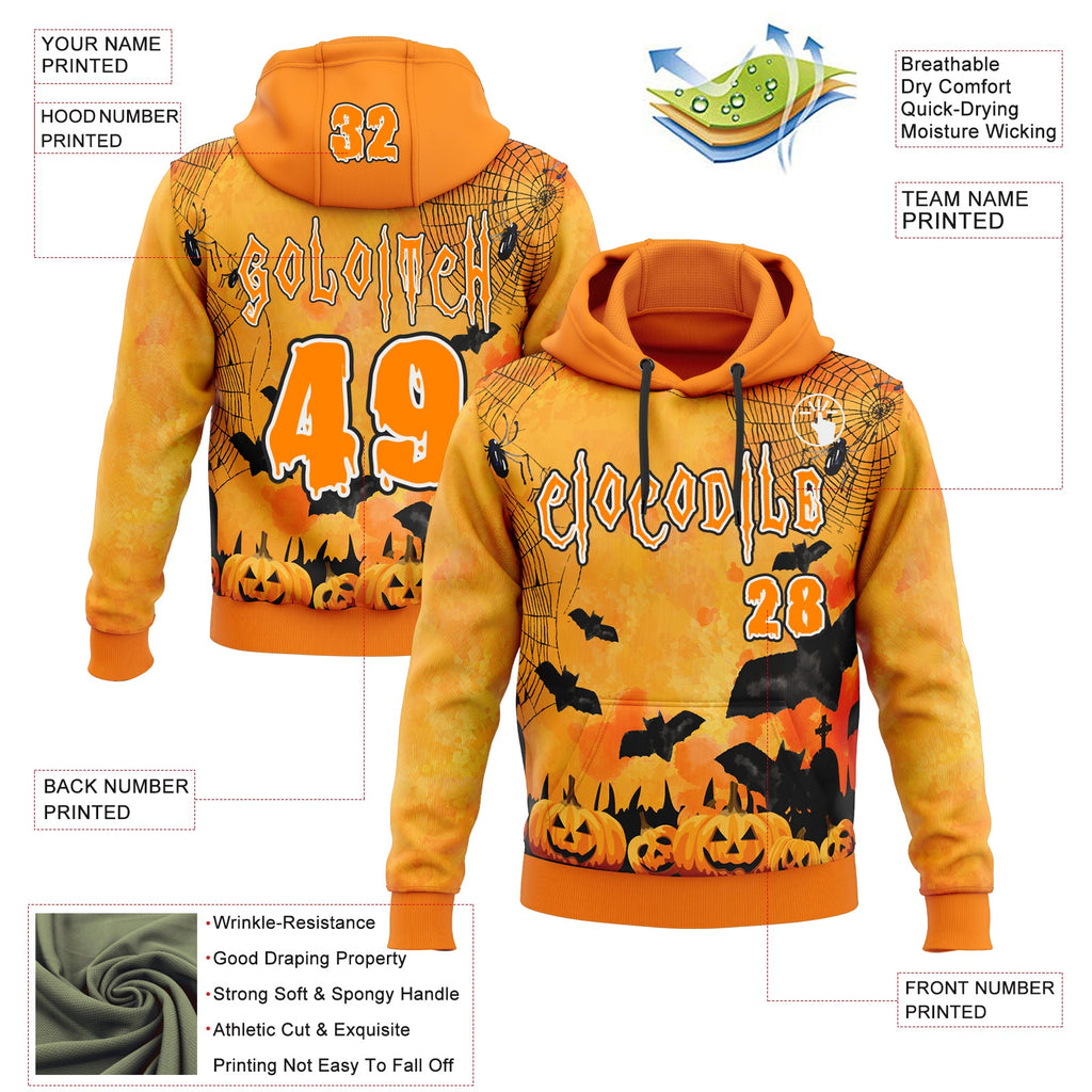Custom Yellow Bay Orange White-Black Spooky Halloween Pumpkins And Bat Pullover Sweatshirt Hoodie