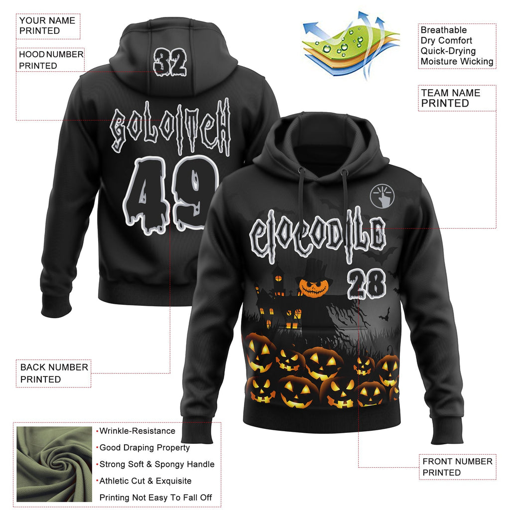 Custom Black Gray-White Spooky Halloween Pumpkins Pullover Sweatshirt Hoodie