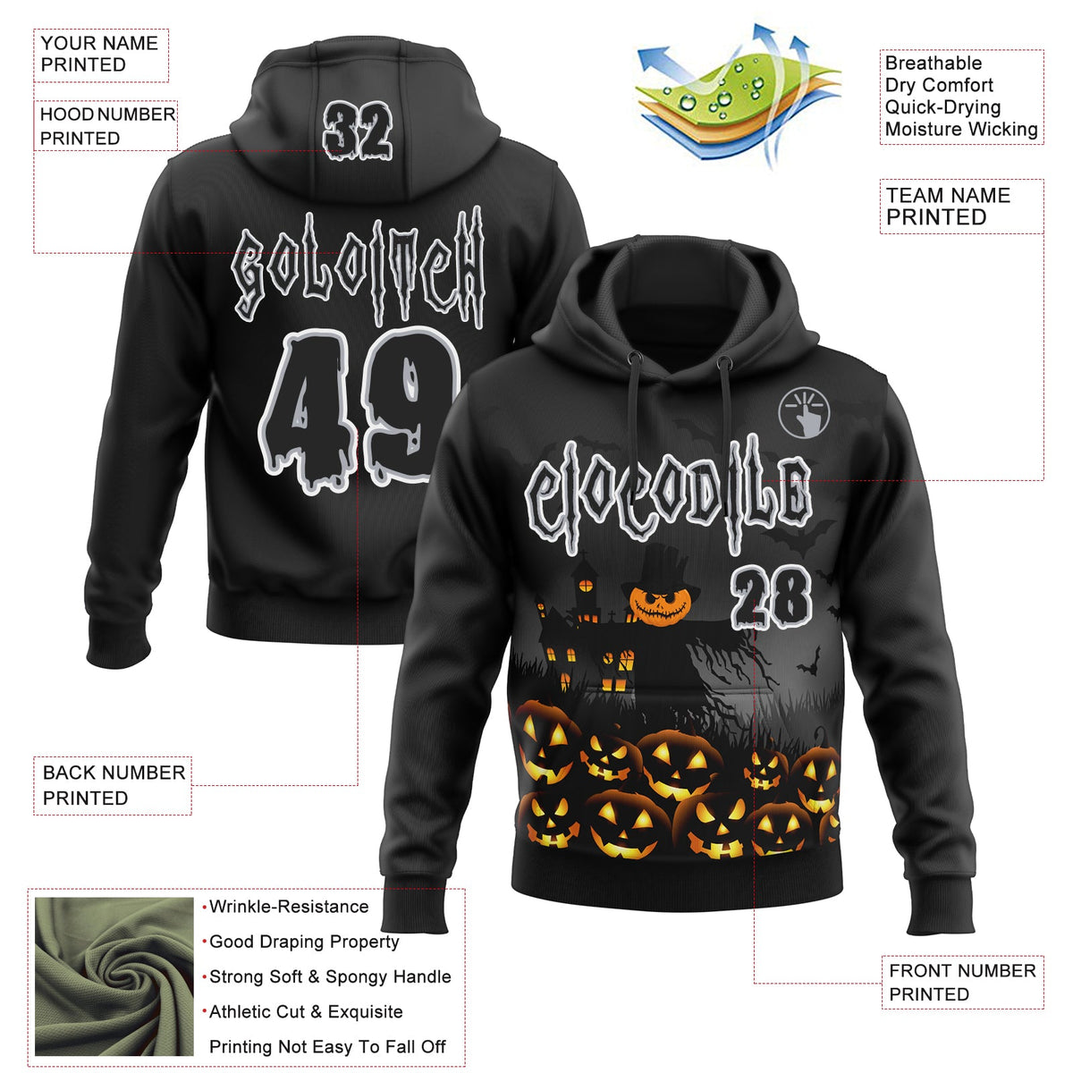 Custom Black Gray-White Spooky Halloween Pumpkins Pullover Sweatshirt Hoodie