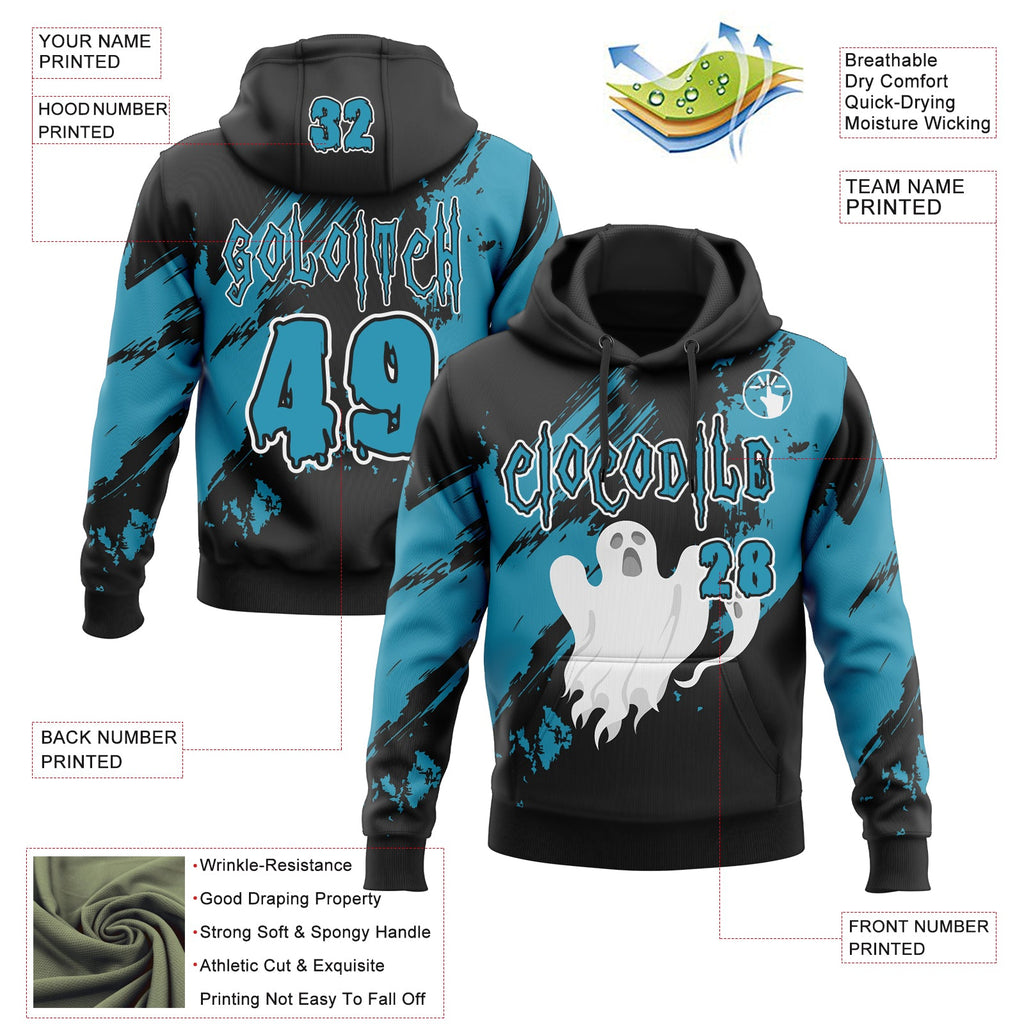 Custom Black Panther Blue-White Spooky Halloween Ghost Splatter Pullover Sweatshirt Hoodie