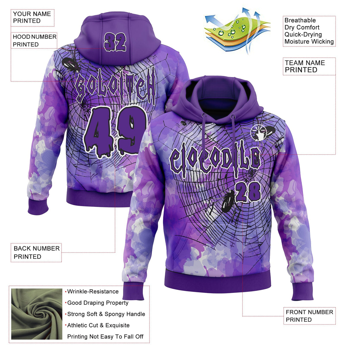 Custom Purple Black-White Halloween Spider Web Pullover Sweatshirt Hoodie