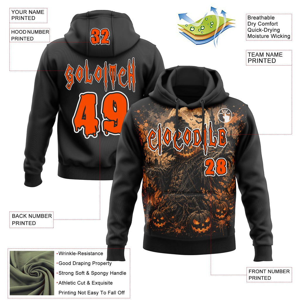 Custom Black Orange-White Spooky Halloween Pumpkins Pullover Sweatshirt Hoodie