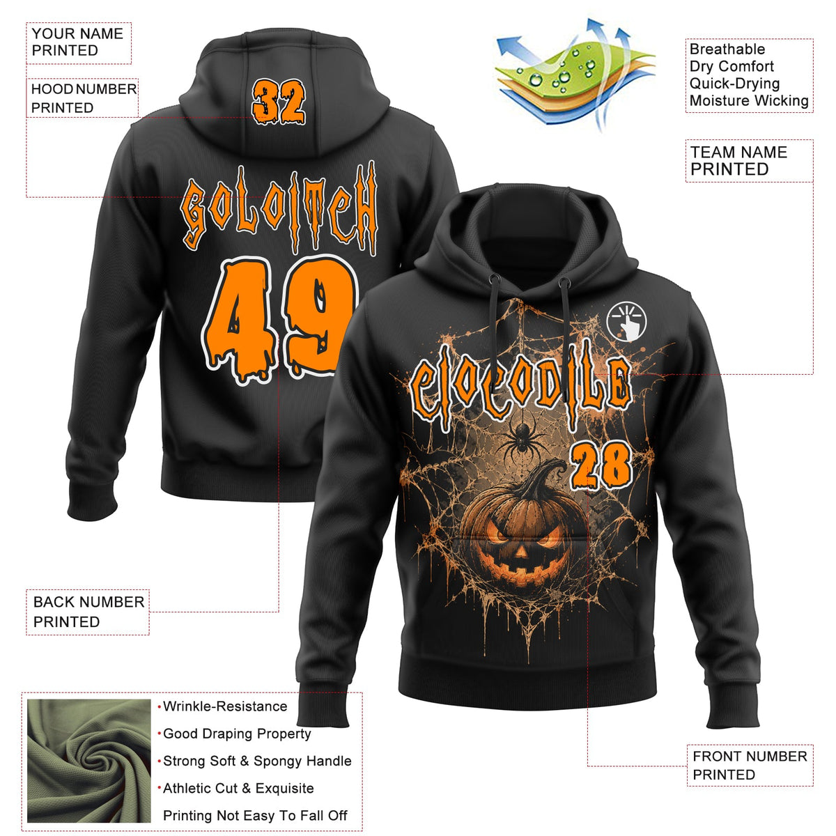Custom Black Bay Orange-White Spooky Halloween Spider Web Ande Pumpkin Pullover Sweatshirt Hoodie