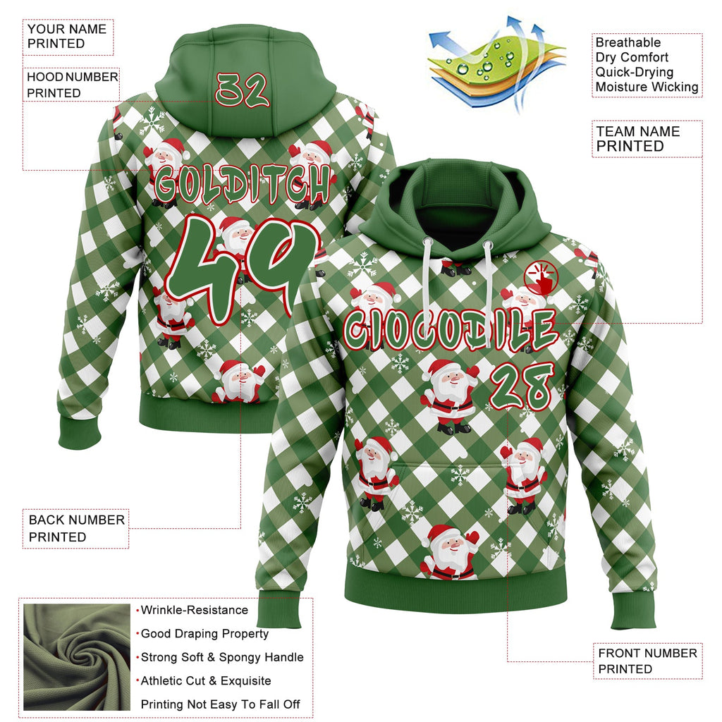 Custom Aurora Green White-Red Christmas Santa Claus Plaid Snowflakes Pullover Sweatshirt Hoodie