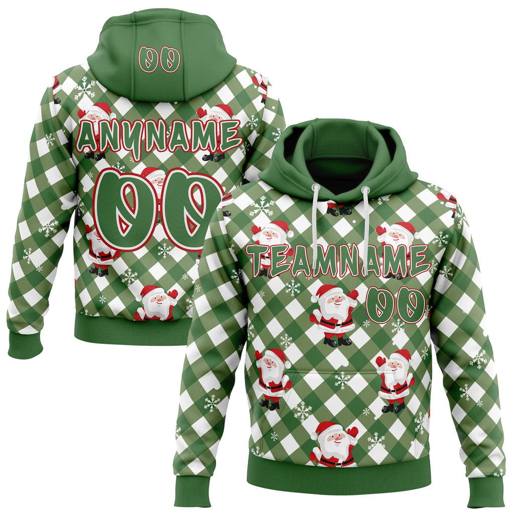 Custom Aurora Green White-Red Christmas Santa Claus Plaid Snowflakes Pullover Sweatshirt Hoodie