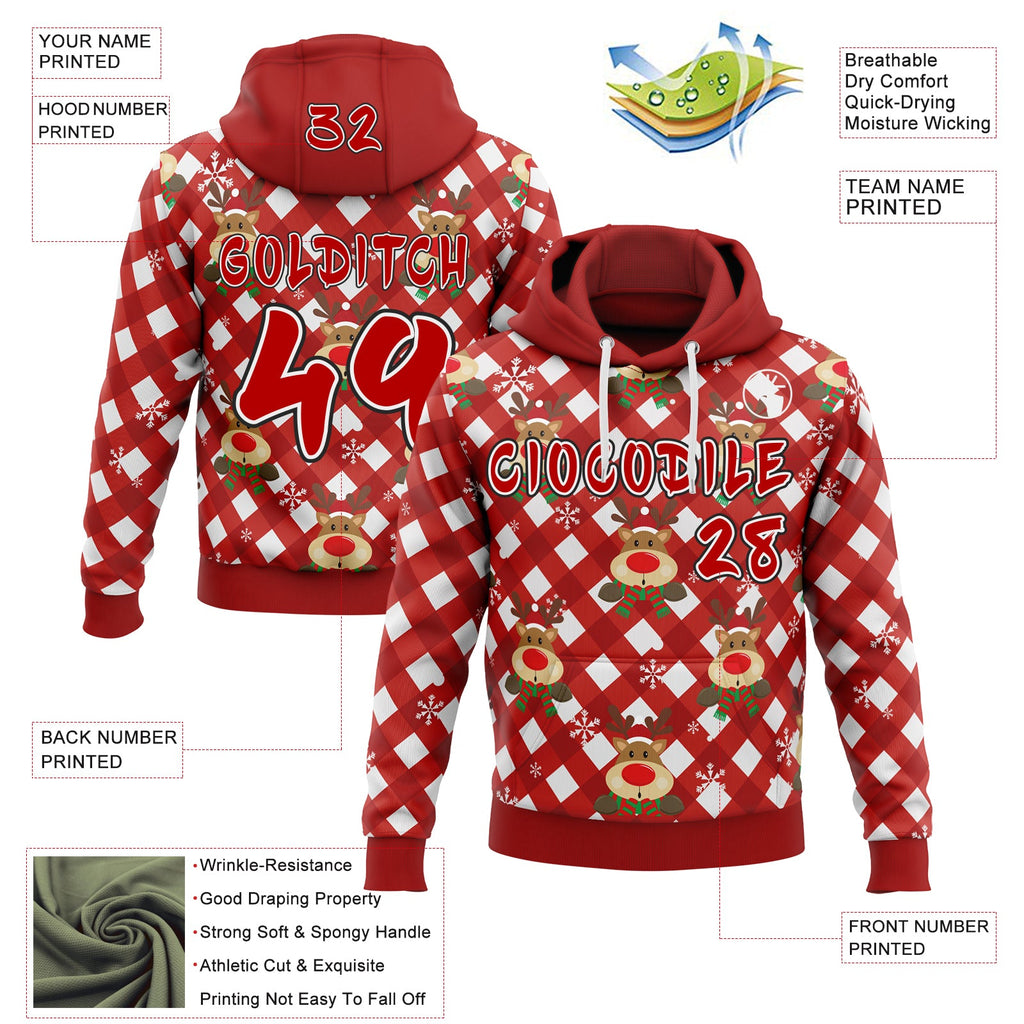 Custom Red White-Black Christmas Reindeer Plaid Snowflakes Pullover Sweatshirt Hoodie