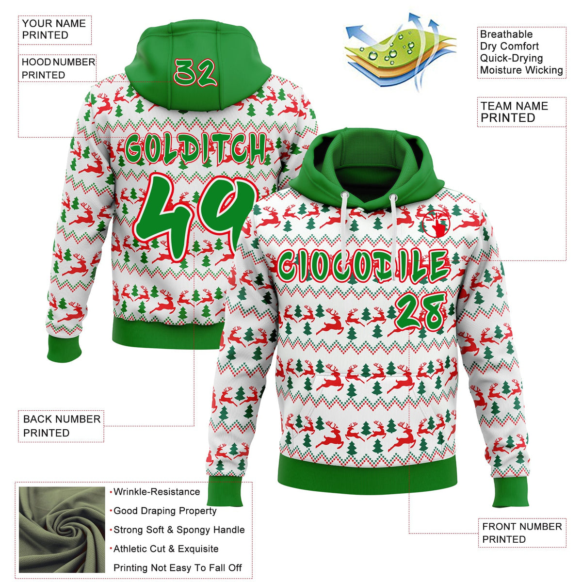 Custom White Grass Green-Fire Red Christmas Tree Fair Isle Reindeer Pullover Sweatshirt Hoodie