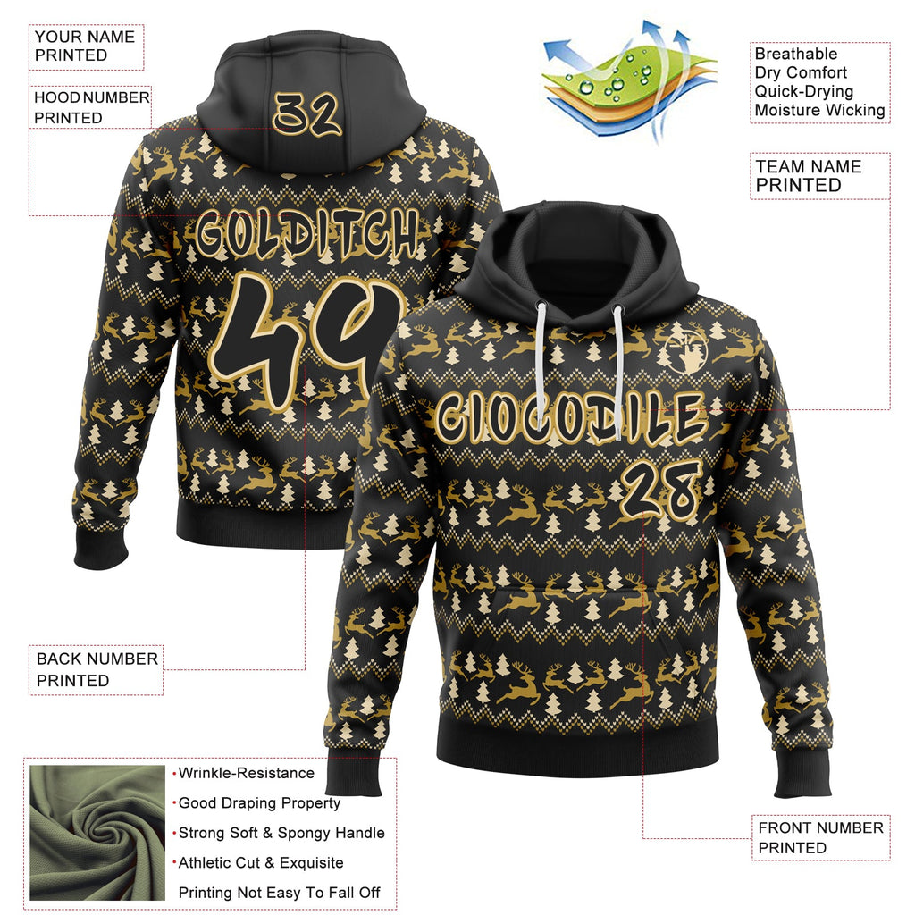 Custom Black Cream-Old Gold Christmas Tree Fair Isle Reindeer Pullover Sweatshirt Hoodie