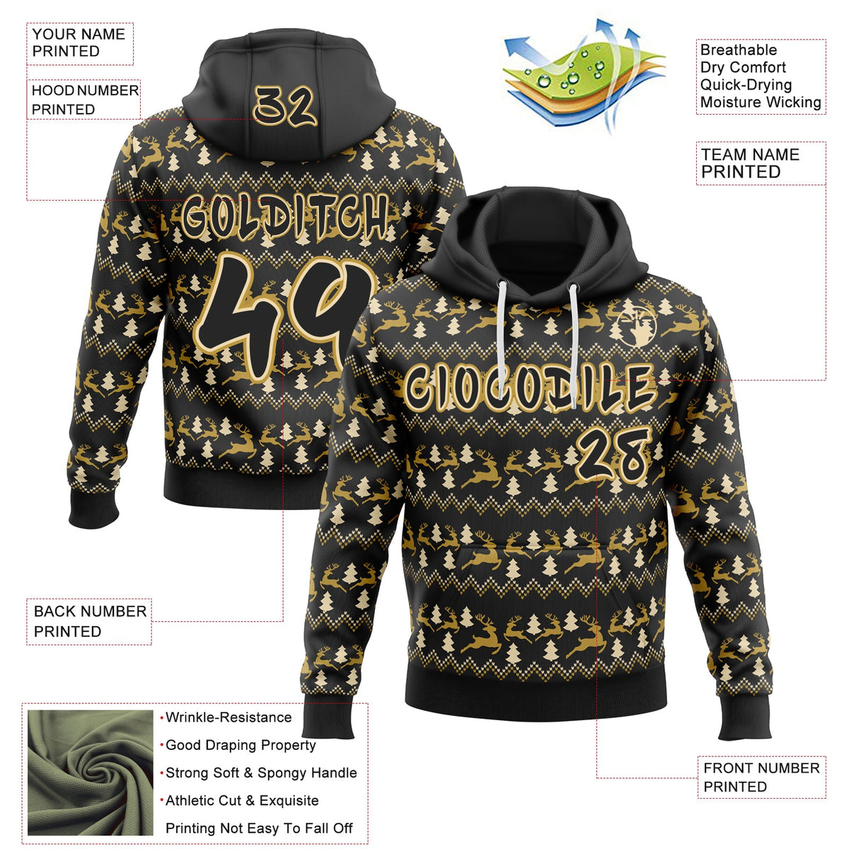 Custom Black Cream-Old Gold Christmas Tree Fair Isle Reindeer Pullover Sweatshirt Hoodie