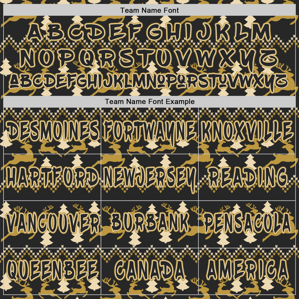 Custom Black Cream-Old Gold Christmas Tree Fair Isle Reindeer Pullover Sweatshirt Hoodie