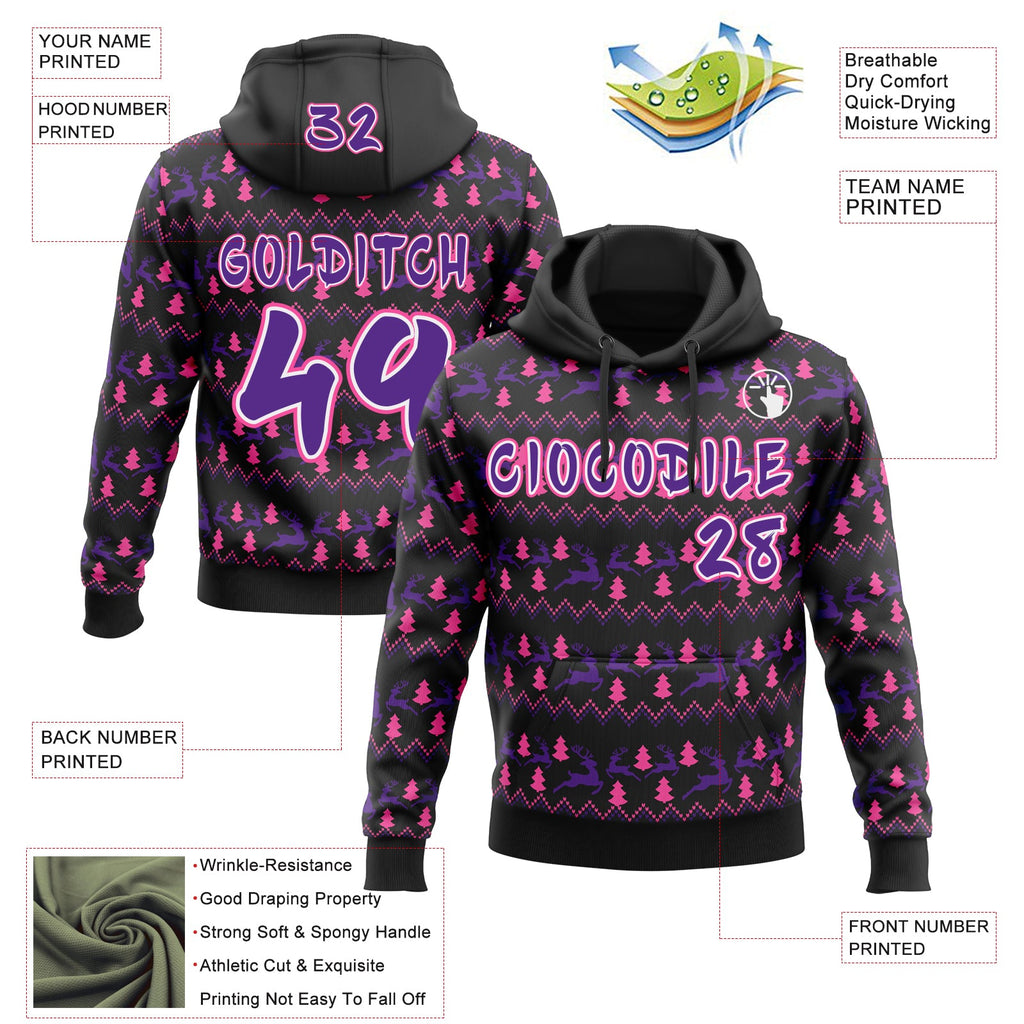 Custom Black Purple Pink-White Christmas Tree Fair Isle Reindeer Pullover Sweatshirt Hoodie