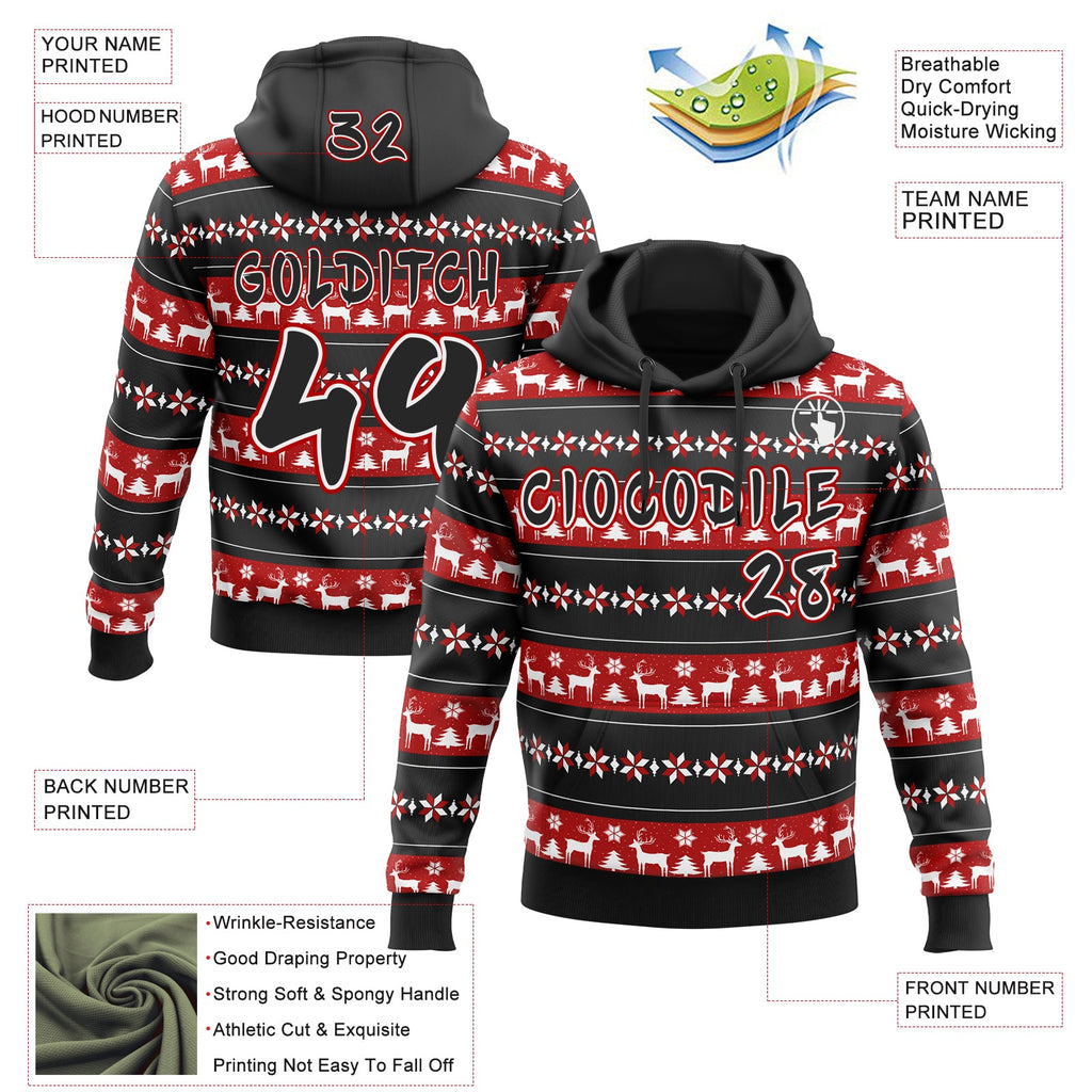 Custom Black Red-White Christmas Tree Fair Isle Reindeer Pullover Sweatshirt Hoodie