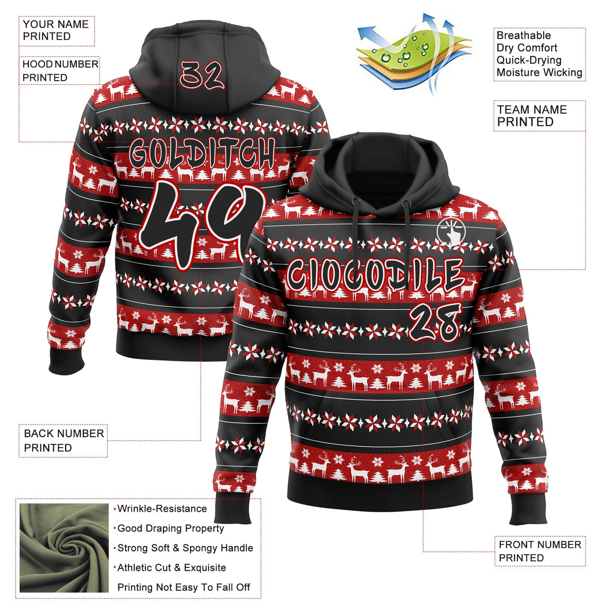 Custom Black Red-White Christmas Tree Fair Isle Reindeer Pullover Sweatshirt Hoodie