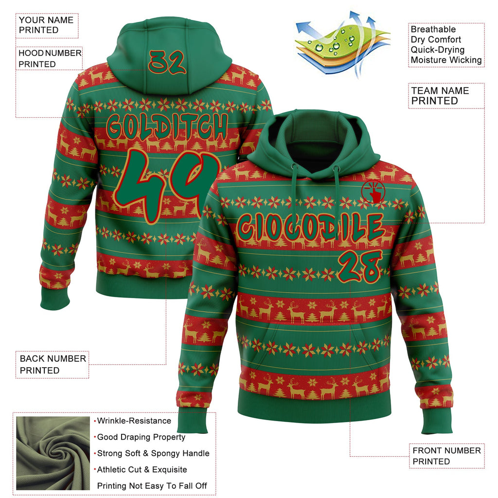 Custom Kelly Green Red-Old Gold Christmas Tree Fair Isle Reindeer Pullover Sweatshirt Hoodie