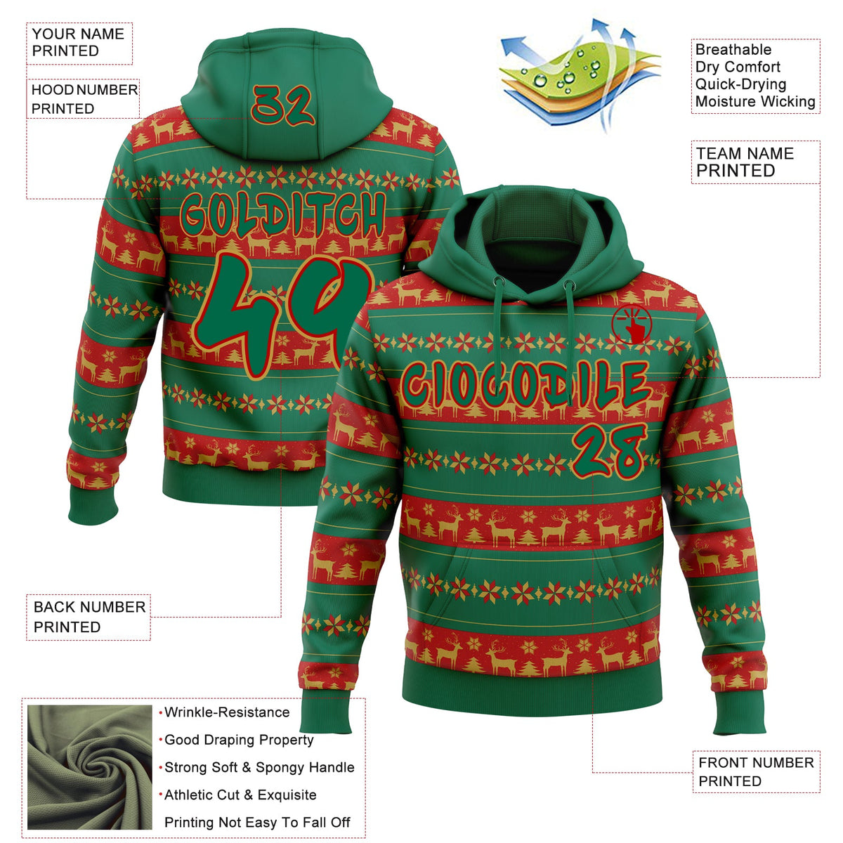 Custom Kelly Green Red-Old Gold Christmas Tree Fair Isle Reindeer Pullover Sweatshirt Hoodie