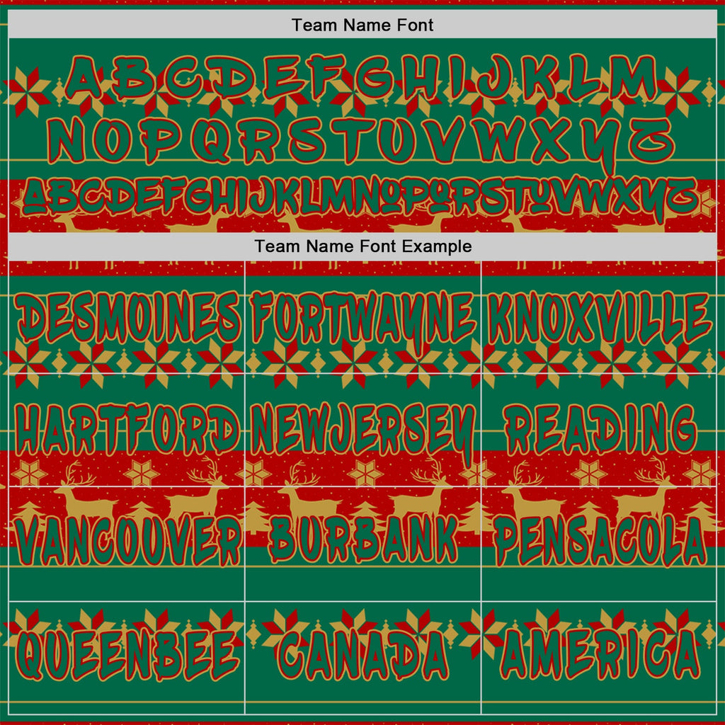 Custom Kelly Green Red-Old Gold Christmas Tree Fair Isle Reindeer Pullover Sweatshirt Hoodie