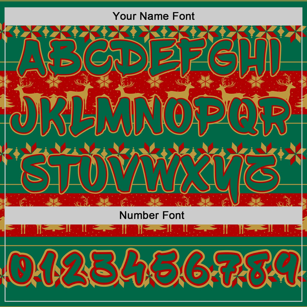 Custom Kelly Green Red-Old Gold Christmas Tree Fair Isle Reindeer Pullover Sweatshirt Hoodie