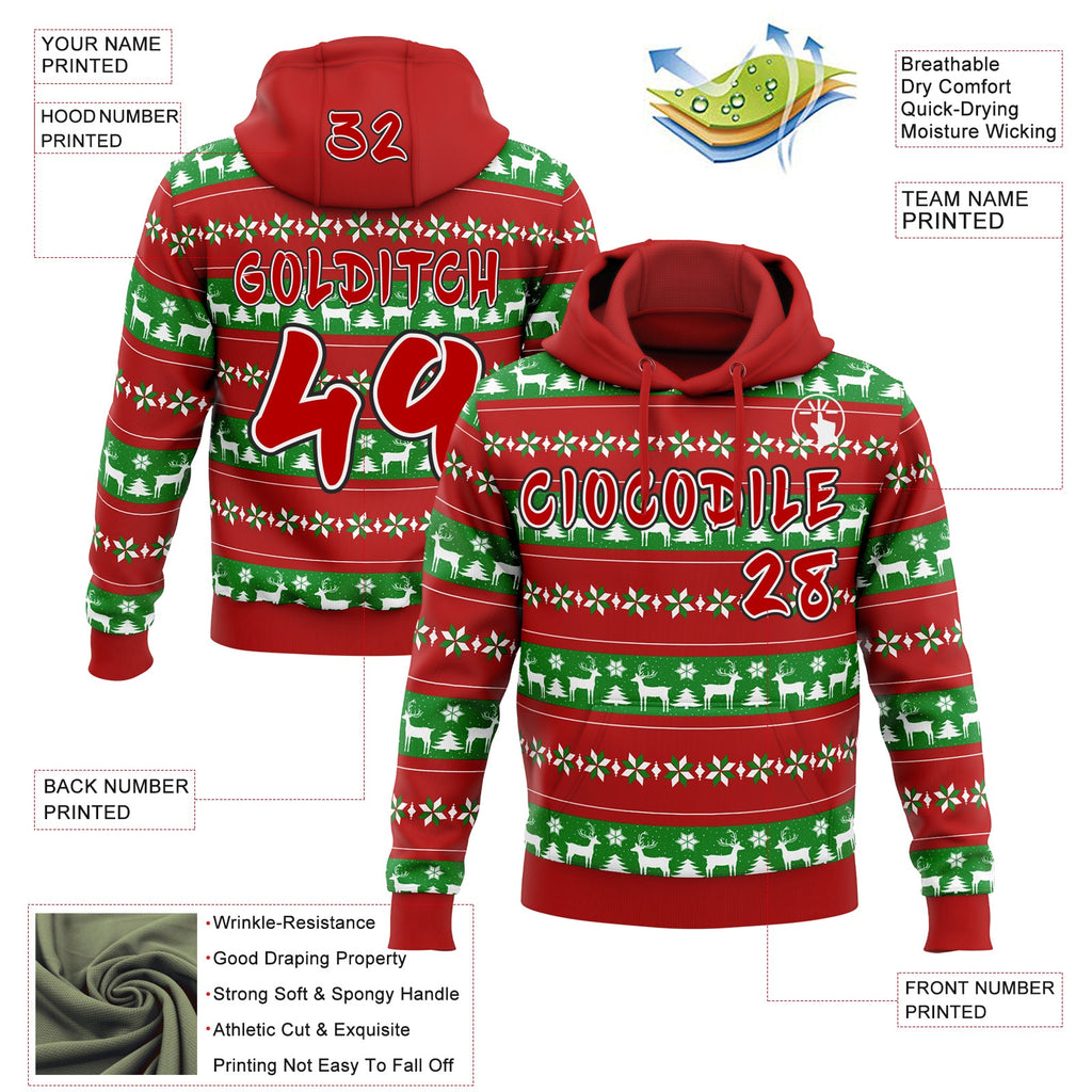 Custom Red Grass Green White-Black Christmas Tree Fair Isle Reindeer Pullover Sweatshirt Hoodie