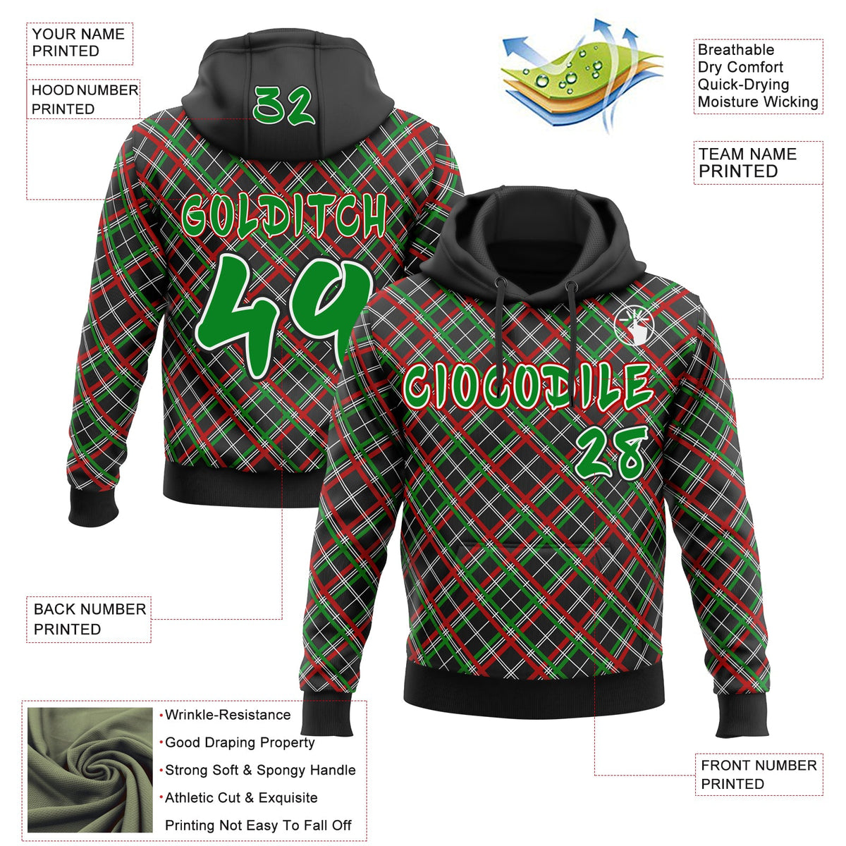 Custom Black Grass Green Red-White Christmas Plaid Checkered Pattern Pullover Sweatshirt Hoodie