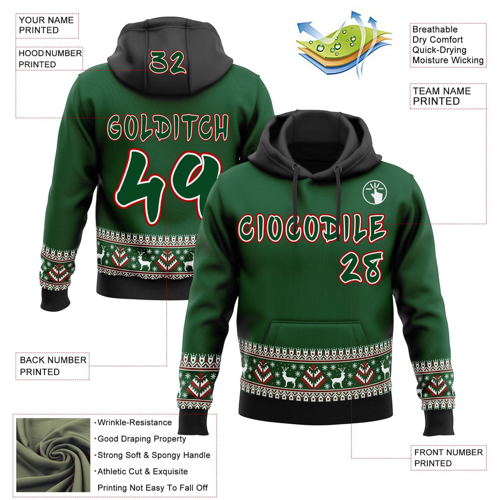 Custom Green White Red-Black Christmas Tree Fair Isle Reindeer Pullover Sweatshirt Hoodie
