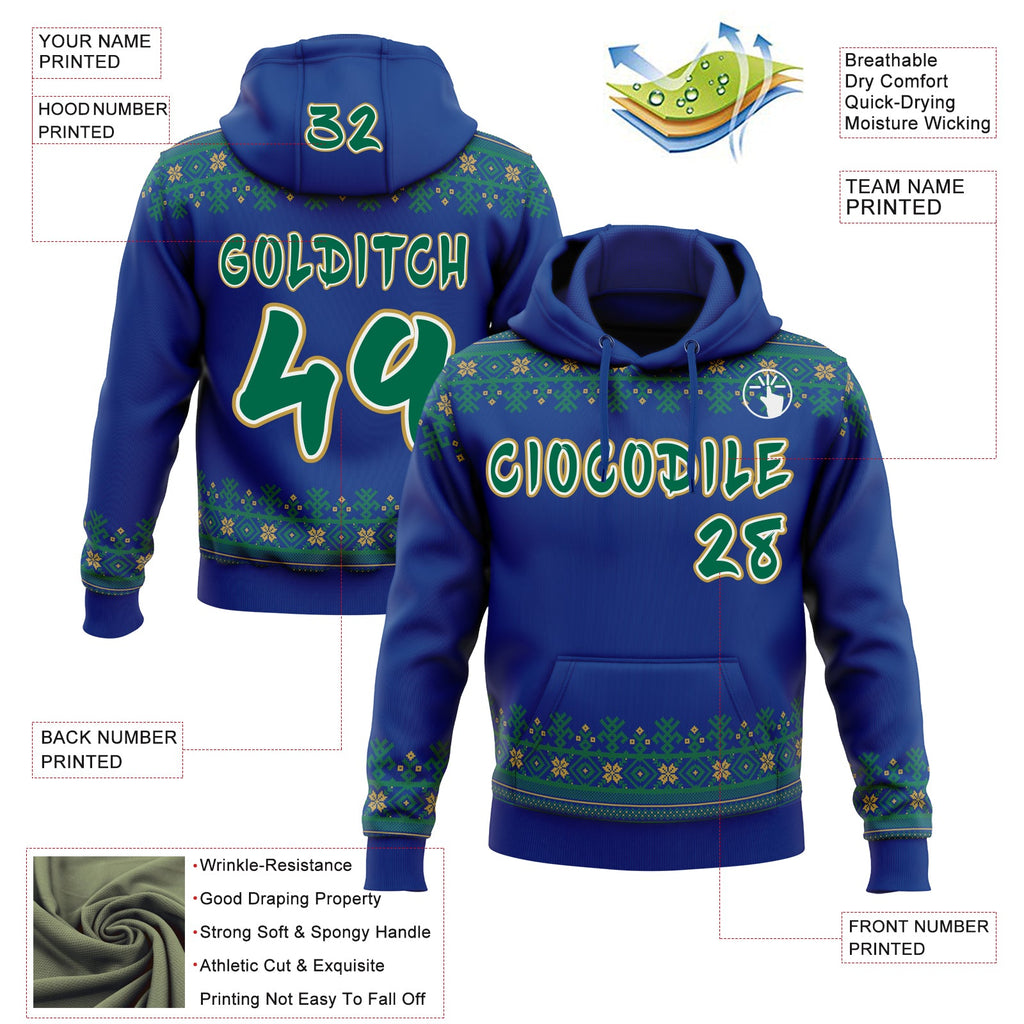 Custom Royal Kelly Green Old Gold-White Christmas Tree Fair Isle Snowflakes Pullover Sweatshirt Hoodie