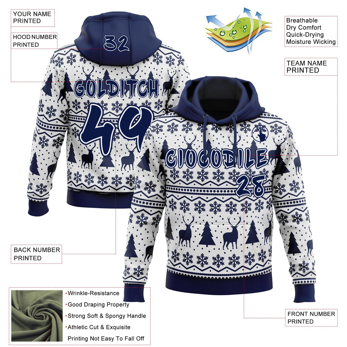 Custom White-Navy Ugly Christmas Sweater Pullover Sweatshirt Hoodie