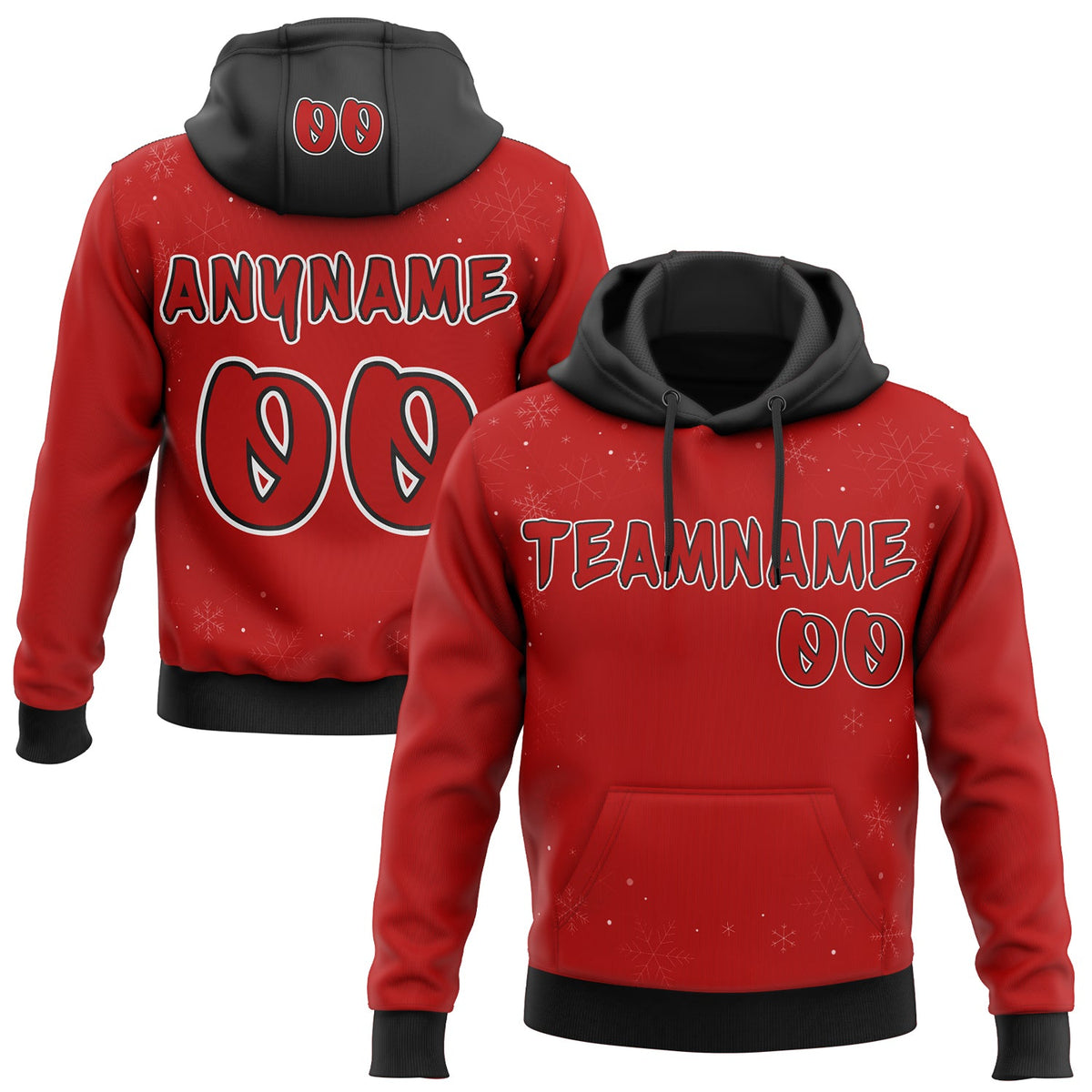 Custom Red Black-White Christmas Snowflakes Pullover Sweatshirt Hoodie