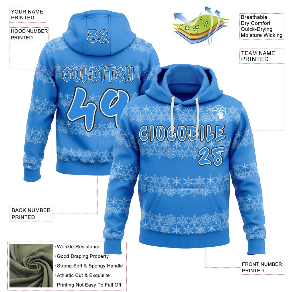 Custom Powder Blue White-Black Christmas Snowflakes Pullover Sweatshirt Hoodie