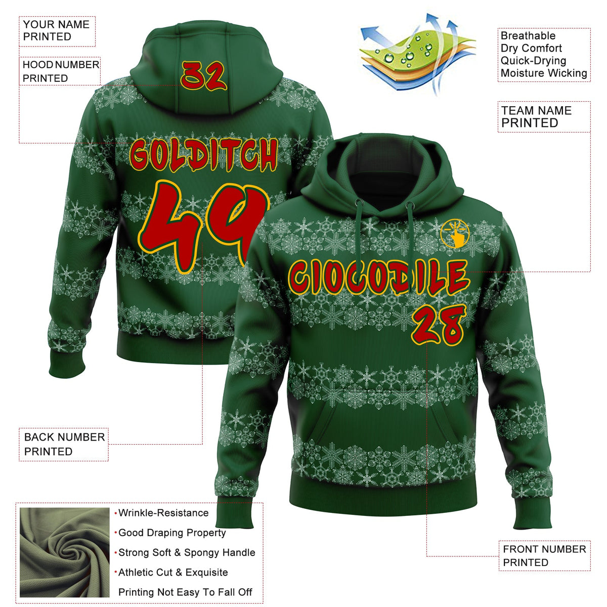 Custom Green Red White-Gold Christmas Snowflakes Pullover Sweatshirt Hoodie