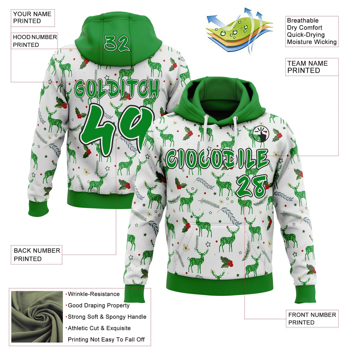 Custom White Grass Green-Black Ugly Christmas Sweater Reindeer Pullover Sweatshirt Hoodie