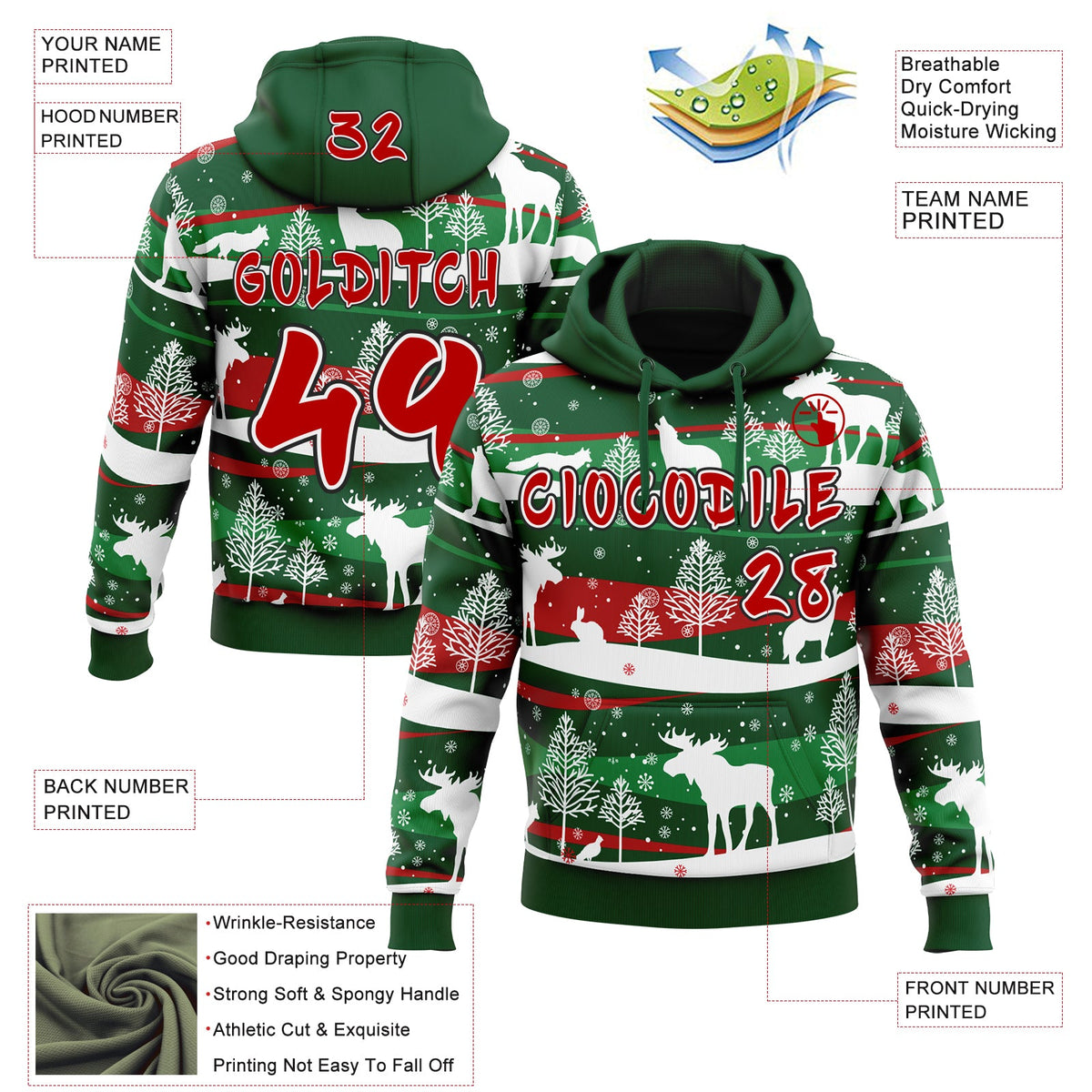 Custom Green Red White-Black Ugly Christmas Sweater Reindeer Pullover Sweatshirt Hoodie
